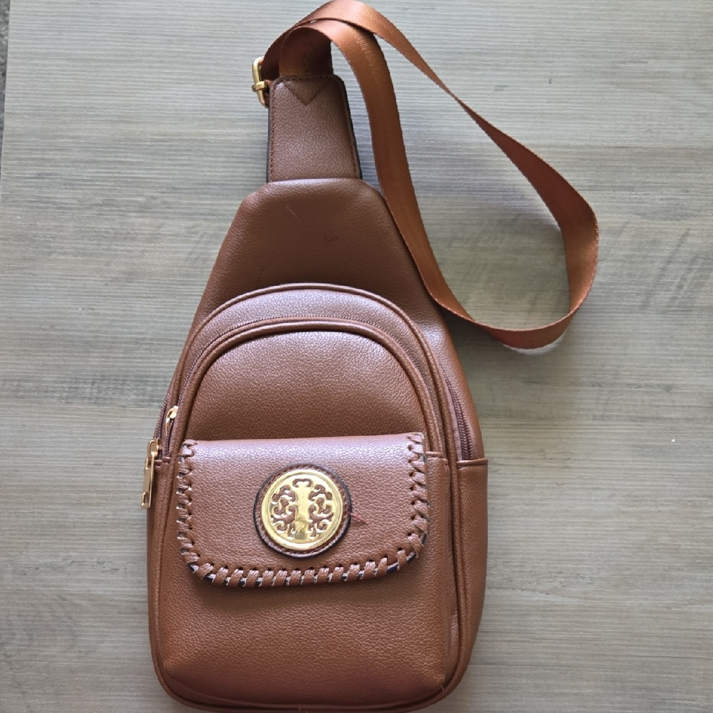 Brown Belt Bag with Gold Accent and Adjustable Strap